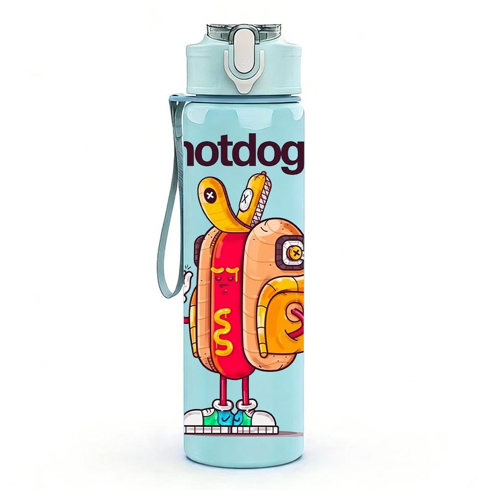1PC Funny Hot Dog Cartoon Design 750ml Color Plastic Sports Water Bottle Leakproof Flip Straw Lid Suitable for Sports Office Home Use