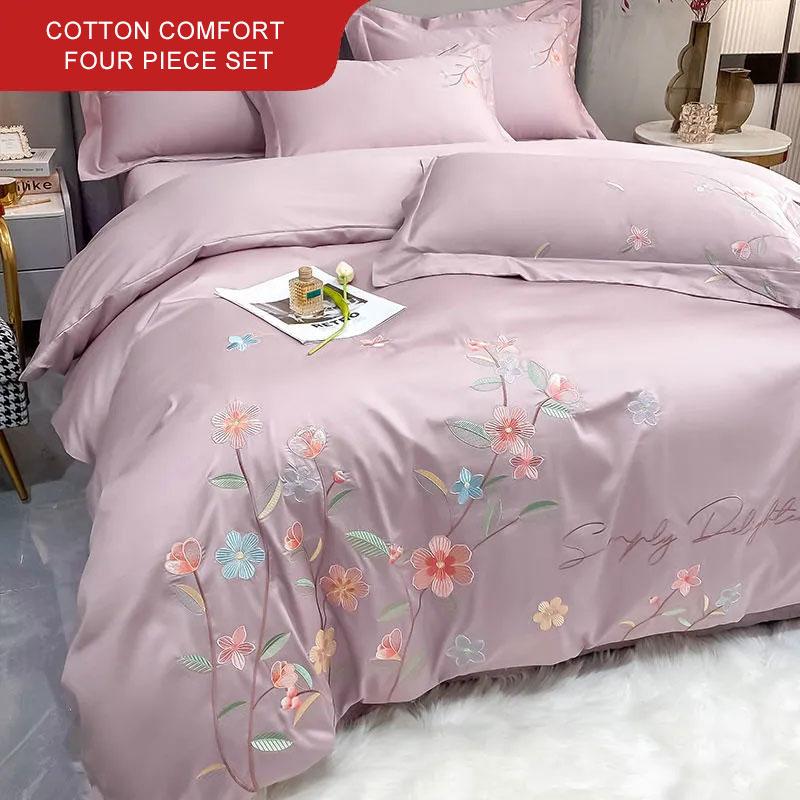 

4шт/набір Квітка Важка промисловість Вишивка Бавовна Зручна постільна білизна Чотири частини Набір легких розкішних двоспальних простирадл Стьобана ковдра Накладка на подушки Twin 4 pcs темно-рожевого кольору