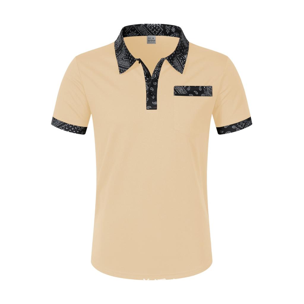 Men's Fashion Collar Print  Loose Polo Shirts Short Sleeve Turn-down  Solid Color Simple T-shirt Top