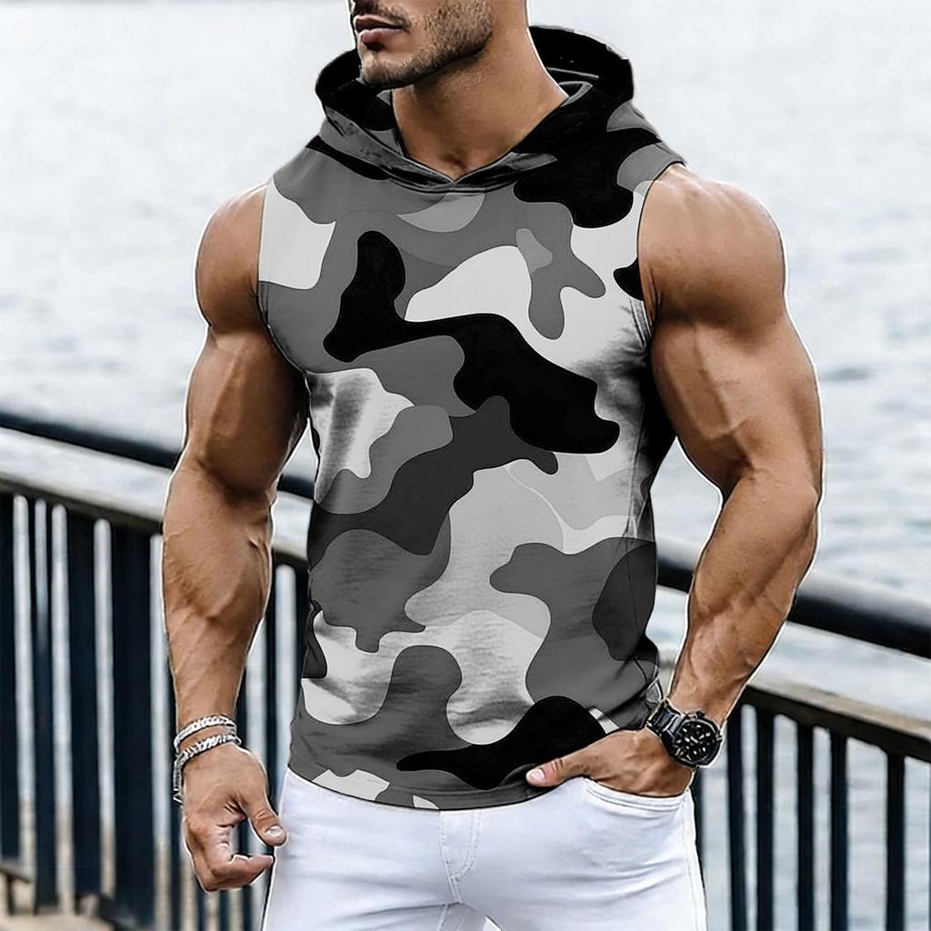 Men's Casual Fashion Printed Sleeveless Hooded Tops | Lightweight Summer Hooded Tank Tops