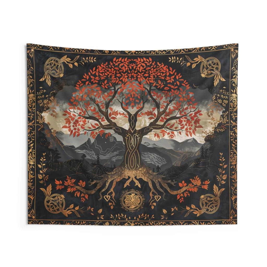 Tree of Life Tapestry Celtic Knot Wall Hanging Peach Skin Fabric Boho Autumn Landscape Wall Decor for Bedroom Living Room Dorm