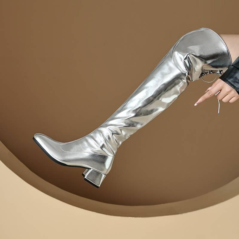 Herbst und Winter Leder Overknee-Stiefel Damen Bequem Seitlicher Reißverschluss Mittelhoher Absatz Große Größe Damenstiefel Runde Spitze Blockabsatz Gummisohle Bo