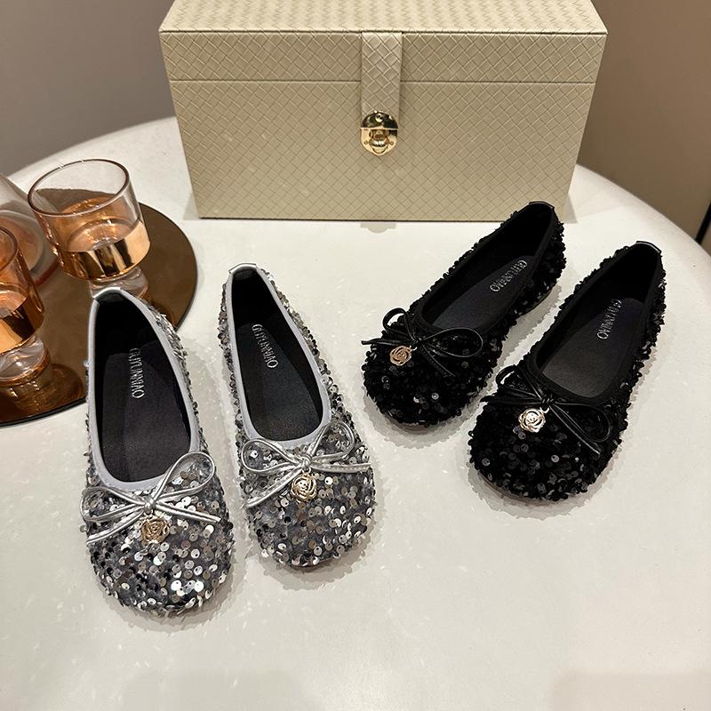 French Retro Silver Bow Fairy Shoes Gentle Lady with Skirt Square Head Flat Bottom Soft Sole Sequined Single Shoes Women