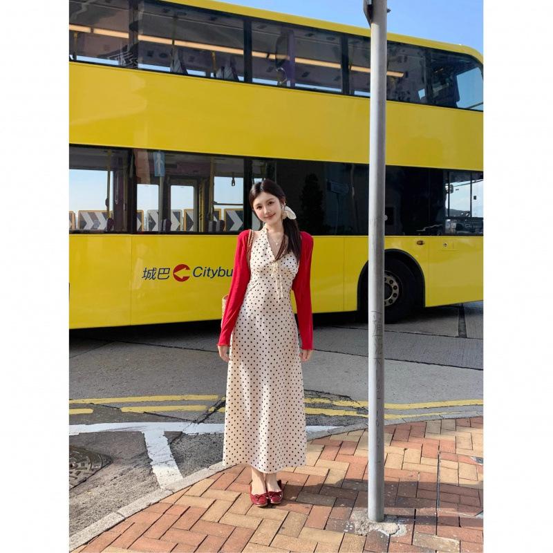 Vintage sweetheart Vneck polka dot neck dress women's summer backless strap sleeveless vest long dress