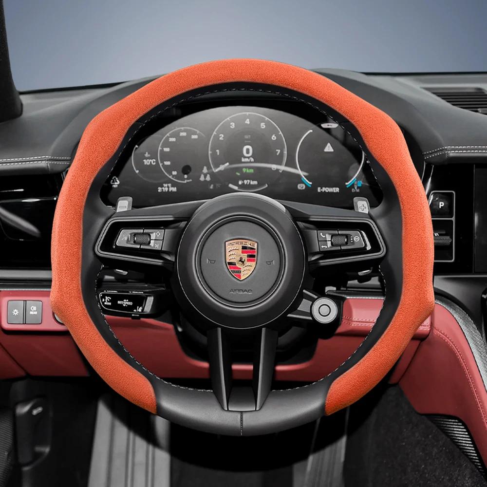 Suitable for Porsche Premium Suede Snap-On Steering Wheel Cover, Non-Slip Durable for Cayenne 996 Macan 957 Volante Boxster 986