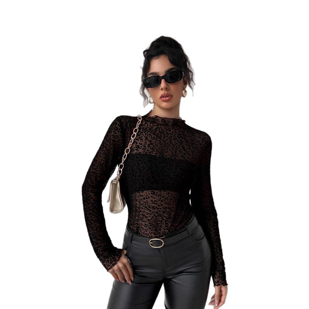 Autumn Winter High Neck Slim Flattering Long Sleeve Mesh Base Layer Versatile Women's Top Fashion Daily Basic Casual Slim Fit Ladies Elegant Top