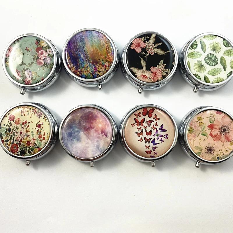 Metal Round Natural Flowers Pill Boxes Holder 3 Grids Medicine Case Small Portable Case Container Splitters