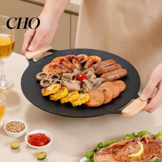 Family Size Outdoor Cooking Pan Electric Smokeless Grill, Nonstick Griddle, Korean BBQ Meat Roaster Quick Heat Conduction with Handle, Round