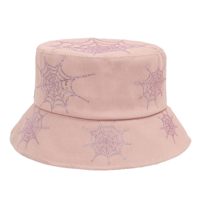 

Women Rhinestones Spiders Web Embellished Fisherman Hat Protection Lightweight Polyester Summer Outdoor Accessory розовый