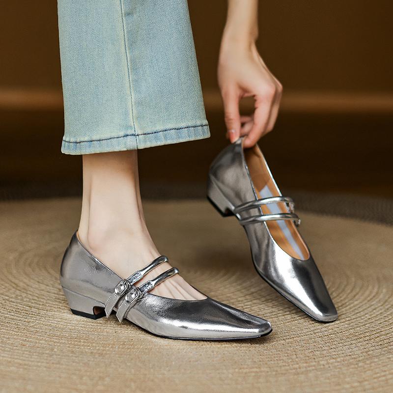 Fashion NEW Spring/Autumn Women Pumps Genuine Leather Shoes for Women Square Toe Chunky Heel Shoes Concise Metal Buckle Mary Jane Shoes