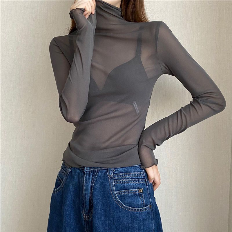 Plus-size Women’s High-neck Sun-protective Mesh Undershirt Sexy Sheer Long-sleeved T-shirt for Spring and Autumn
