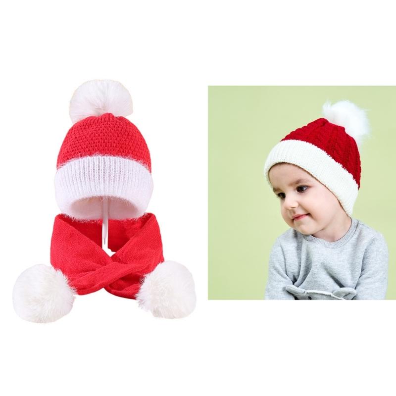 Crochet Knitted Warm Hat Christmas Baby Beanie Bonnet Hat with Hairball and Neck Scarf Set for Infant Girls Boys 0-3Year