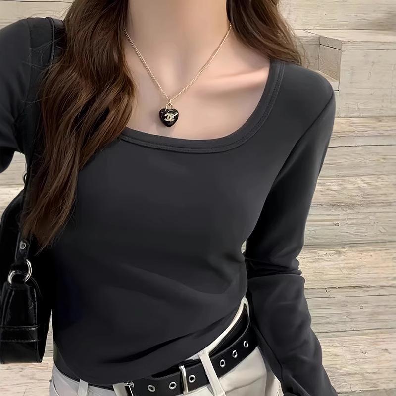 Women's U-Neck White Long Sleeve Fleece Lined T-Shirt, Slim Fit - 2024 Spring/Autumn/Winter Collection