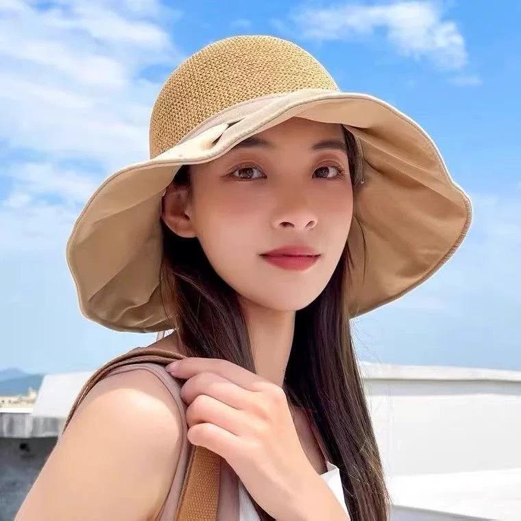 Summer Large Brim Sun Protection Hat Women's Versatile Face Small Straw Visor UV Protection Foldable Fisherman Hat