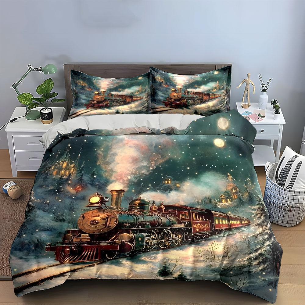 Winter Train Journey Gift Set  Kid'S And Adults' Bedroom Decor, Exquisite Three-Piece Bedding Set Gift