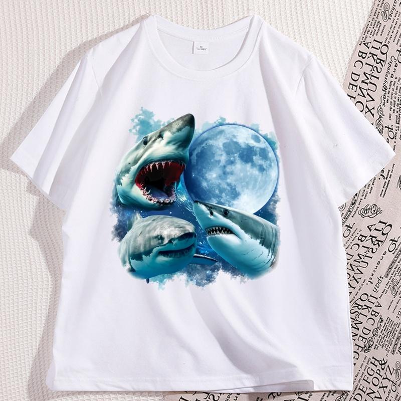 Sharks and Moon Vintage Graphic Tshirts Casual Shark Tshirt Shark Ocean Lovers Tees Funny Graphic Tee Cotton Short Sleeve Tops
