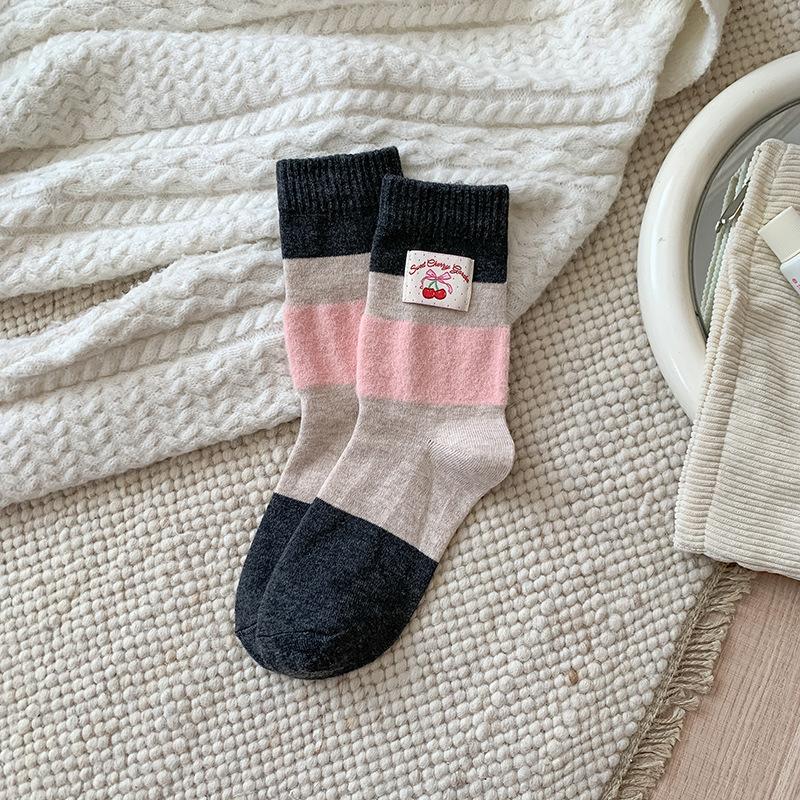 Sweet Pink and Contrasting Color Wool Mid-calf Socks, Striped Bow, Fair Island Pile Socks for Autumn and Winter