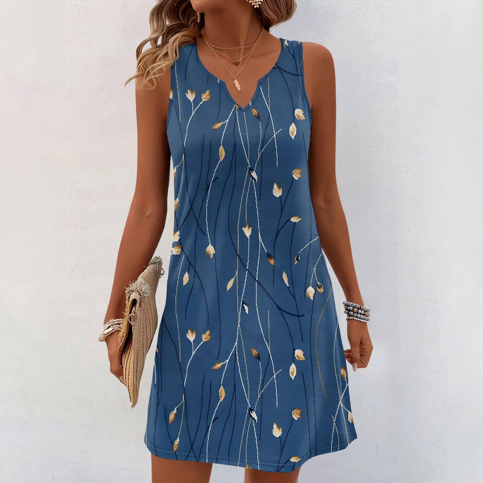 

Женские летние платья с V-образным вырезом и принтом без рукавов Сарафан Повседневное платье XXL тёмно-синий