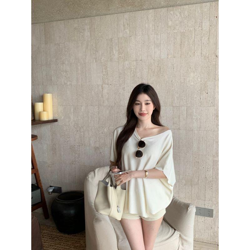 Loose Slim Looking Casual off-the-Shoulder Knitting Short Sleeve T-shirt