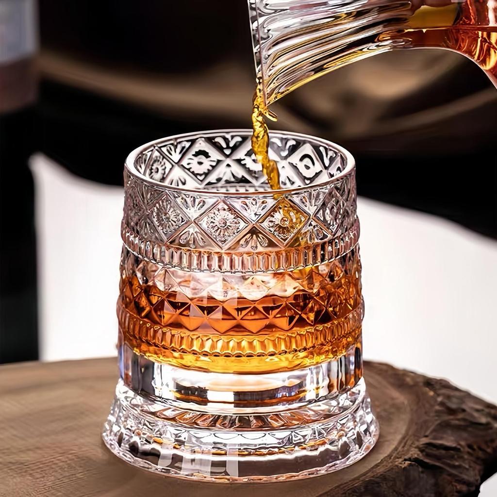 Whiskey Glasses Rotating Whisky Glass with Glass Base 360 Rotate Degrees Crystal Rum Glass for Cocktail Party Drinking Glass