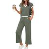 Women Two Piece Set Casual Outfits V Neck Short Sleeve Top Elastic Waist Pants Lounge Wear Set for Travel Relaxed Fit