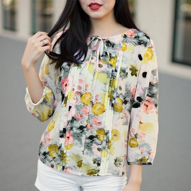 ZANZEA Women Casual Round Neck 3/4 Sleeve Loose Floral Print Blouse