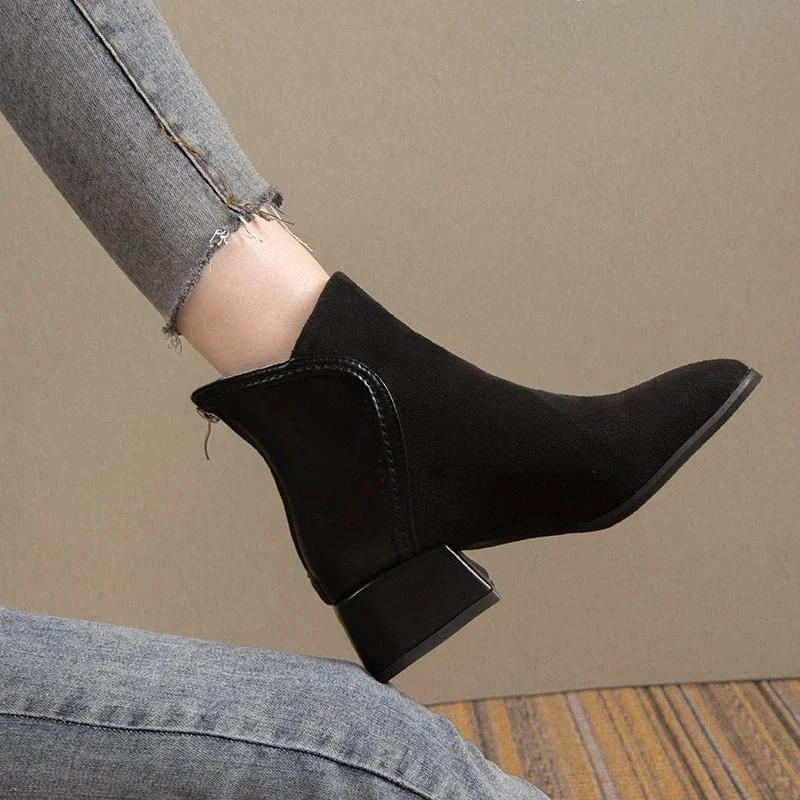

2024 Fashion Shoes for Women Back Zip Ankle Women s Boots Concise Modern Boots Women Sewing Pointed Toe Chunky Heel Shoes Ladies