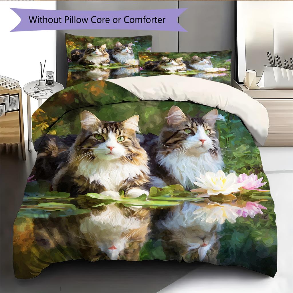 Maine Coon and Flowers Pattern Bedding Home Decoration Birthday Gift (1 * Duvet Cover + 2 * Pillowcase, Without Core)