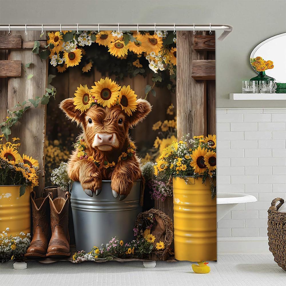 Dunika Chen Cute Highland Cow Shower Curtain Farmhouse Sunflower Rustic Vintage Western Cowboy Funny Cows In Bucket Country Cattle Bull