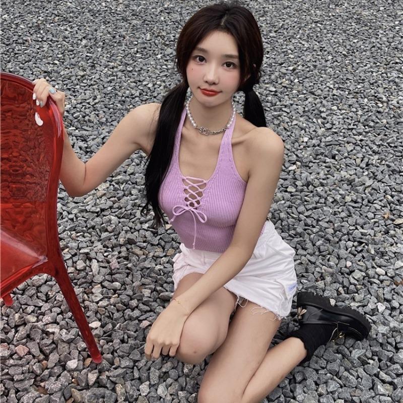 Summer Spice Style Design Sense V-tie with Slim Halter Vest Knitted Halter Top with Chest Blouse