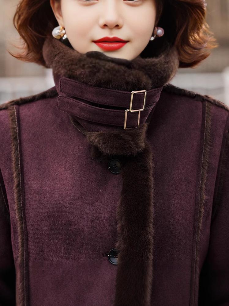 Women's Faux Leather and Fur Jacket with Fur Collar, Warm Thickened Coat for Middle-Aged & Elderly, 2025 New Style