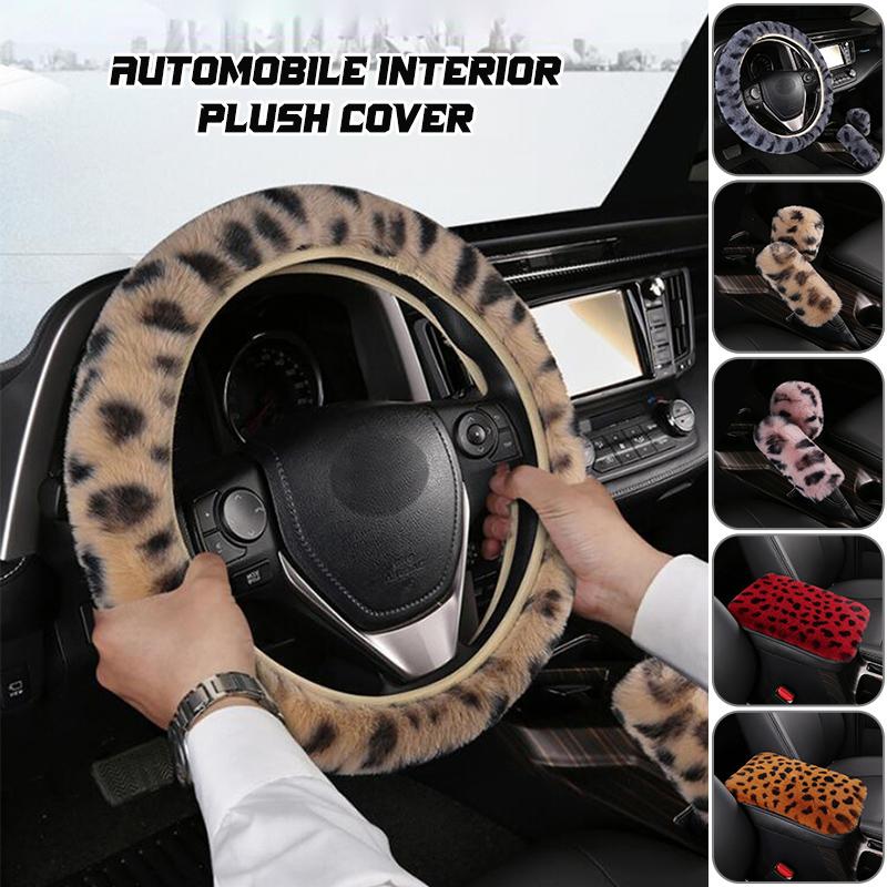 3 Stück/Set Winter Leopard Muster Plüsch Auto Lenkradbezug Schalthebelbezug Handbremsbezug Auto Schutzpolster Innenraum