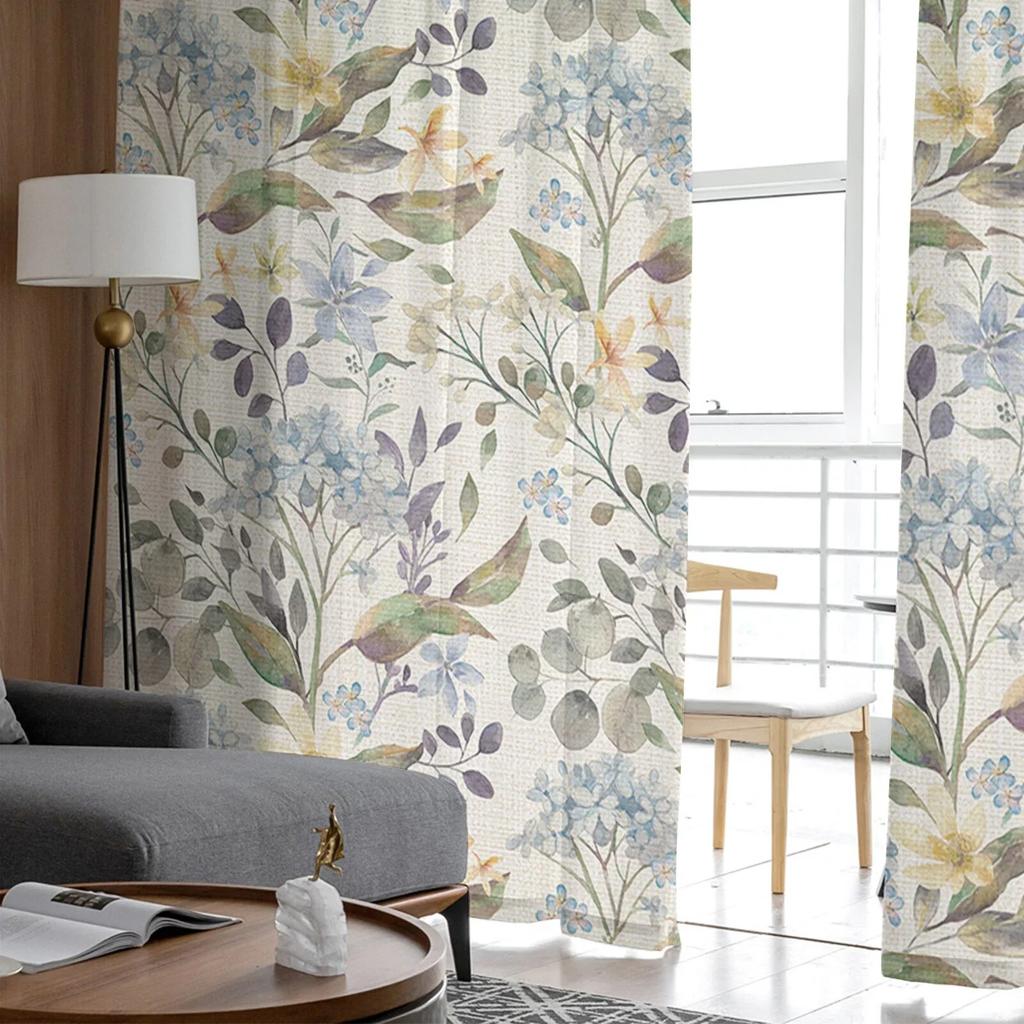 Spring Flowers Hydrangeas Sheer Curtains Transparent Voile Tulle for Bedroom Window Holiday Decoration