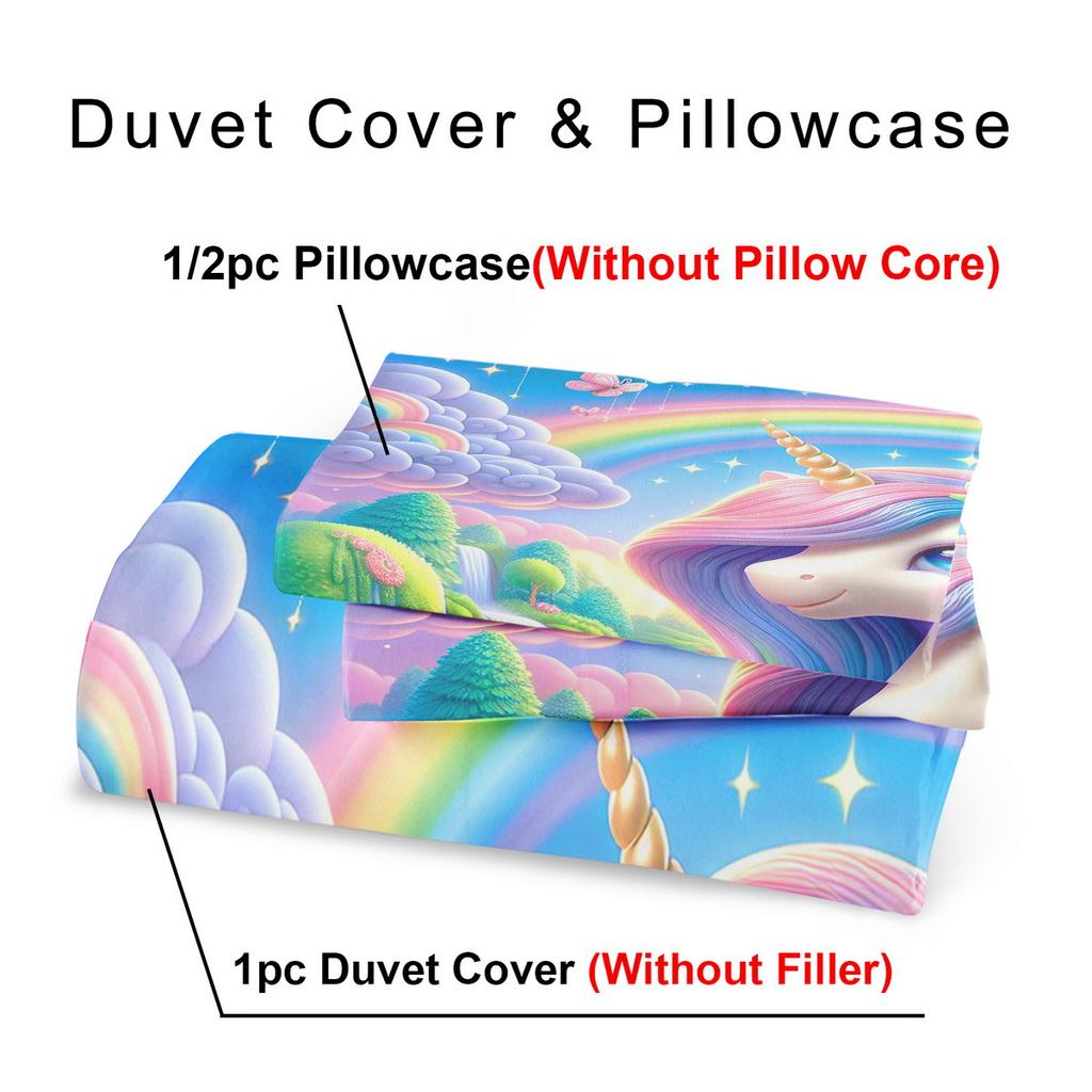 Unicorn Bedding Set Rainbow Horse Duvet Cover Set Animal Comforter Cover Bedroom Decor Guest Room 2/3Pcs Cartoon Flat Printing