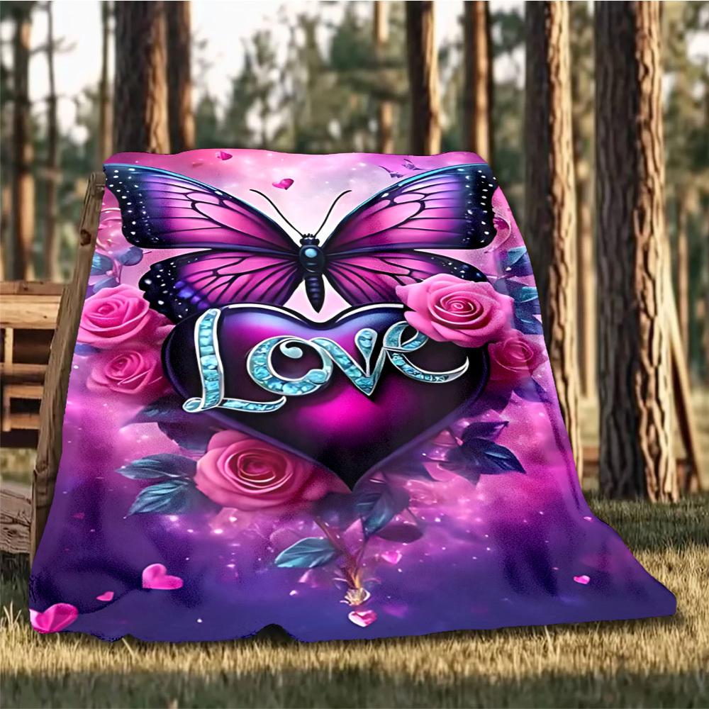 1pc Butterfly Love Heart Roses Throw Blanket Polyester Fiber, Lightweight Flannel, Soft & Warm, All Season Use for Outdoor, Camping