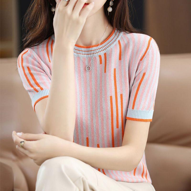 Summer Women Clothing Striped T-Shirts Contrast Color New Slim O-Neck Screw Thread Fashion Casual Short Sleeve Thin Knitted Tops