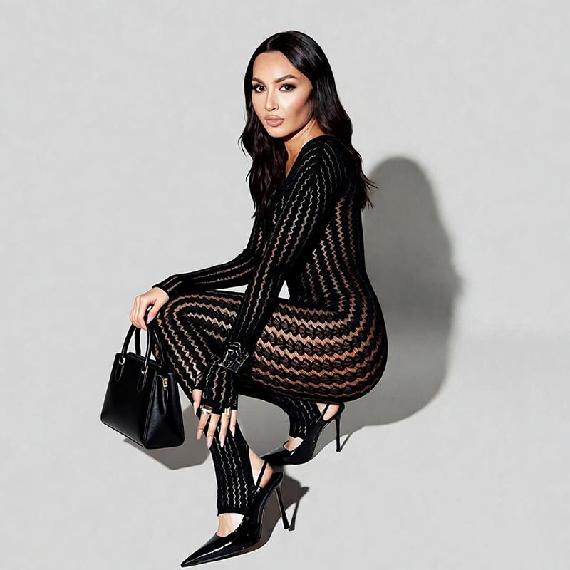 Black Jumpsuit for Women Mesh Lace Long Sleeve See Through Jumpsuits Sexy Rave Oufits Clubwear 2026 Summer See Through Rompers Overalls