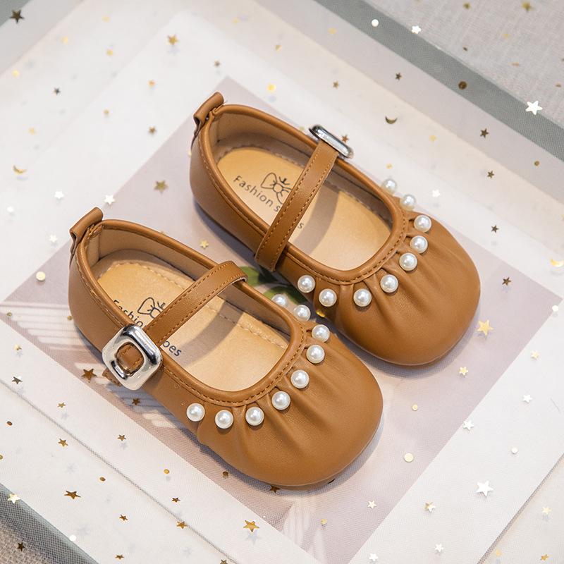 Girls' Pearl Princess Shoes, New Spring Korean Style Fashionable Versatile Children's Single Shoes, Solid Color Small Leather Shoes for Performances
