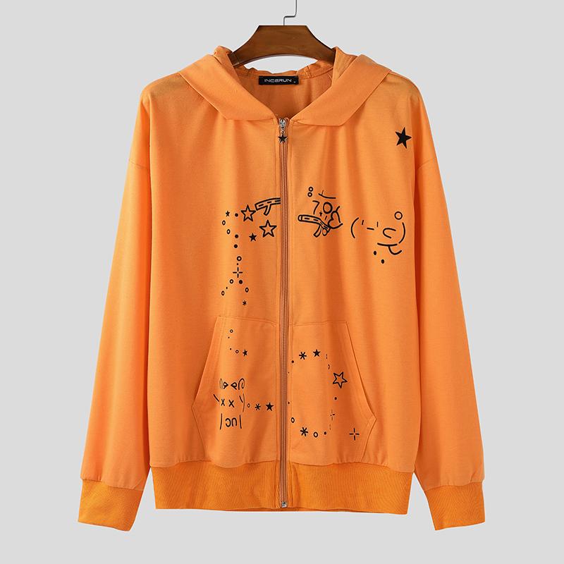 INCERUN Hanorace de Toamnă pentru Bărbați cu Mânecă Lungă, cu Fermoar, Imprimeu, Buzunare și Glugă