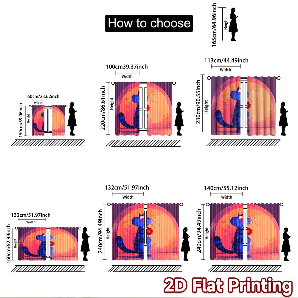 2D flat printing 2pcs Window Curtains Blue Cat Flower Romance Digital Printed Polyester Drapes Seasonal Party & Holiday Decor