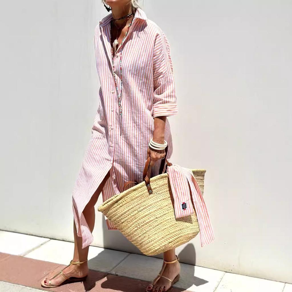 European Style Women Clothing Striped Cardigan Blouse Maxi Dress