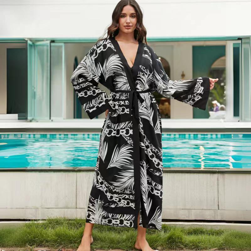 2024 European-American Rayon Beach Cover-up Cardigan: Bikini Swimsuit Sunscreen Shirt