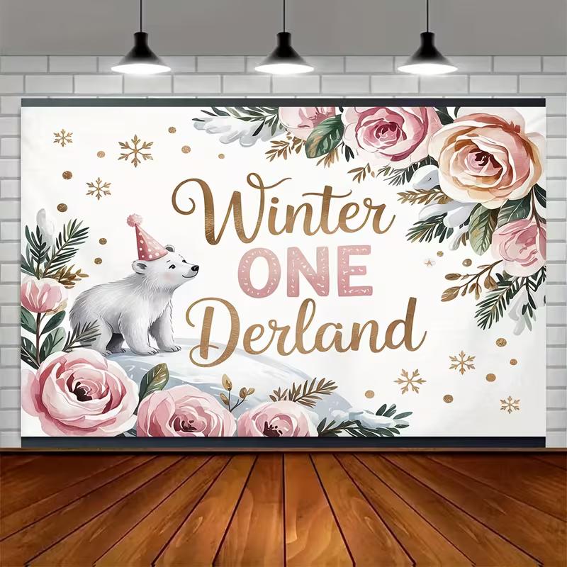 Winter Onederland Tapestry, Polar Bear Floral Background Cloth, 1st Birthday Decor