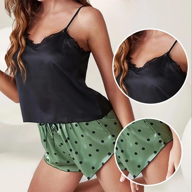 Nové letní dámské puntíkované kraťasy s potiskem a krajkou zdobené podvazky s výstřihem do V Top dámský sexy pyžamový set