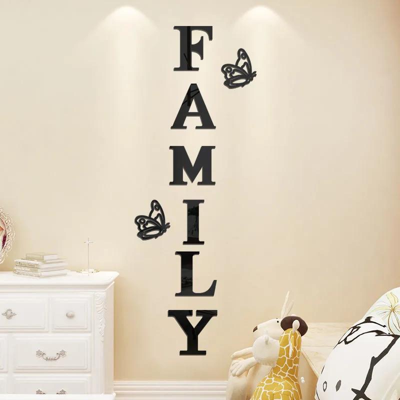 Two Butterflies English Letters Family 3D Mirror Wall Stickers Self-Adhesive DIY Acrylic Decals For Living Room Home Decoration