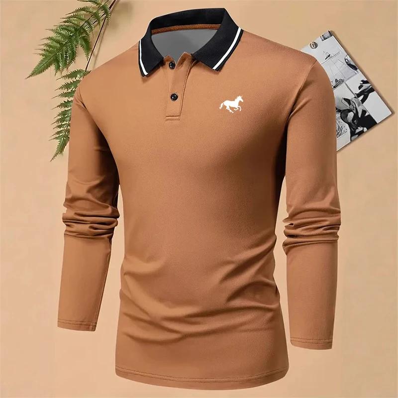 Ny 100% Polyester Herre Business Casual Langermet Poloskjorte Herre Ensfarget Enkel Stil Topper Poloskjorte Herre Klær Golfpolo