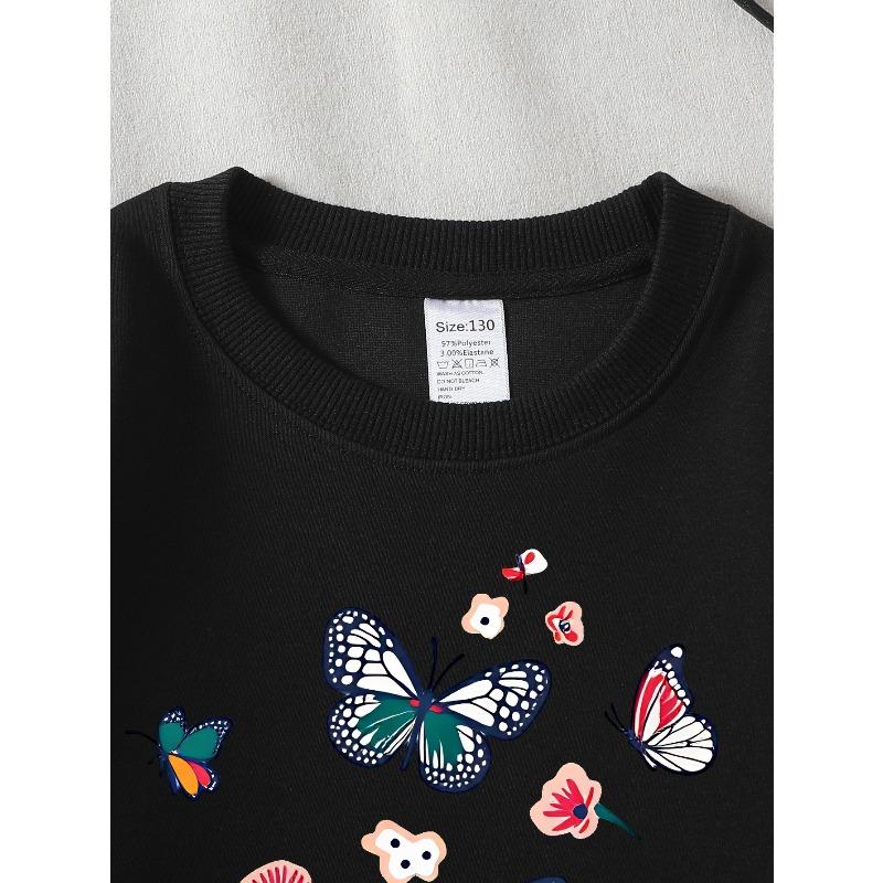 European sizes Girls Soft Crewneck Sweatshirt Colorful Butterfly & Floral Print Pattern, Casual All-Match, Ideal Holiday Present