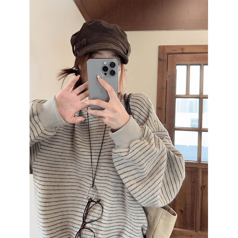 Женский объемный черный свитшот в полоску с круглым вырезом, тяжелый - Осенний ленивый корейский стиль, свободный крой для пар XL абрикосовый