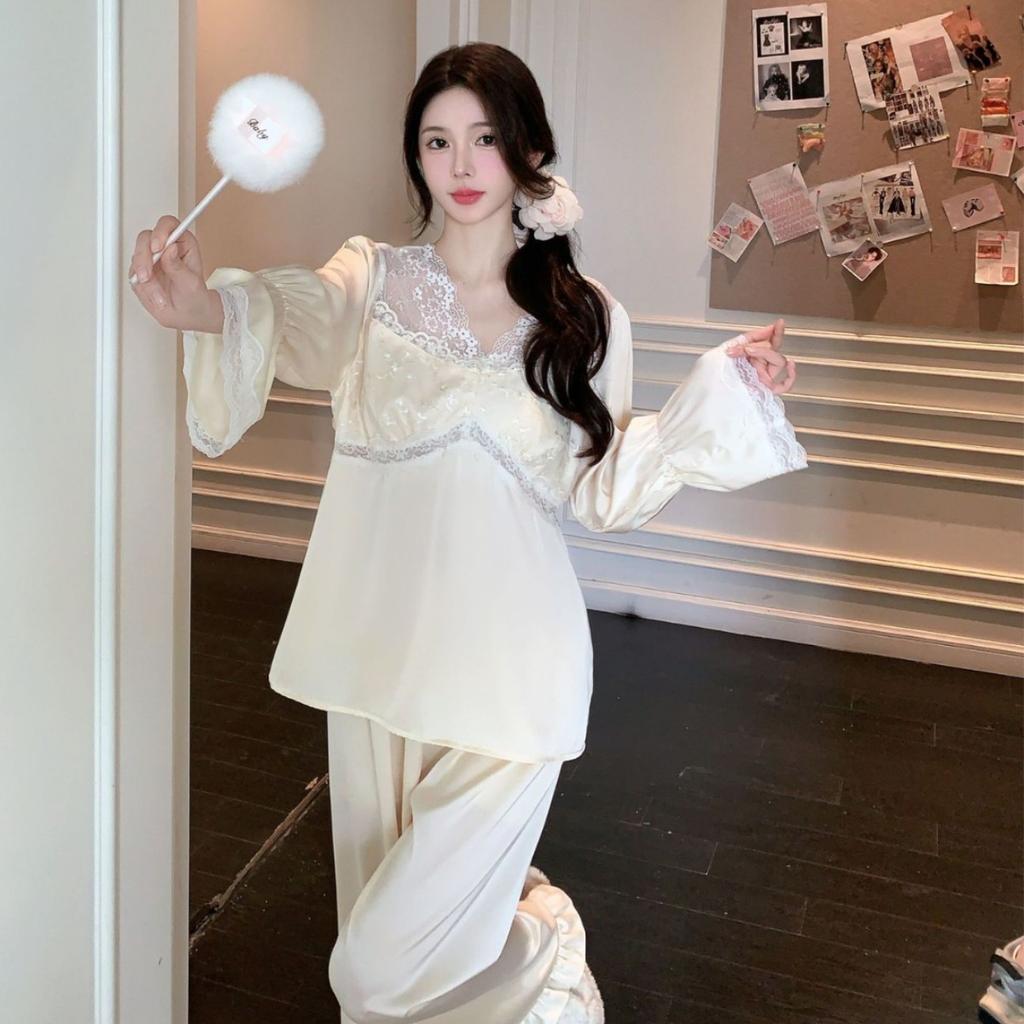 French court style silk pajamas for girls and girls, spring and summer ice silk long sleeves, high-end lazy loungewear set