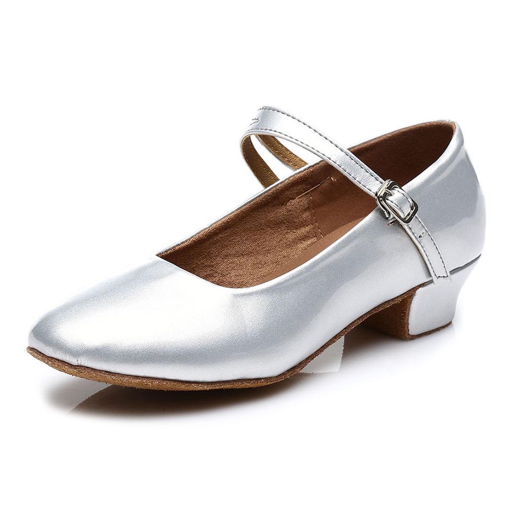 

Детская обувь для современных танцев, обувь для девочек и женщин на низком каблуке с закрытым носком, современная нескользящая танцевальная обувь для джаза в латиноамериканском стиле 38 серебряный